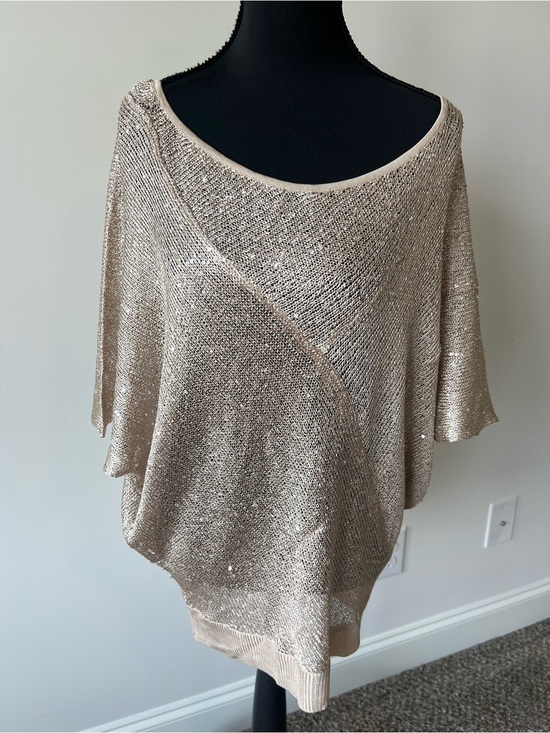 Cache Sweaters - Cache Champagne Sequin Bling Short Sleeve Bat Wing Sweater Open Knit